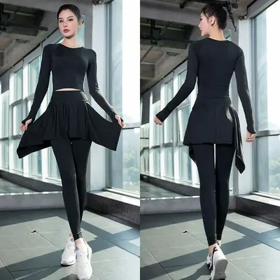 Yoga spor seti kadın, iç göğüs pedli, tek parça, uzun kollu