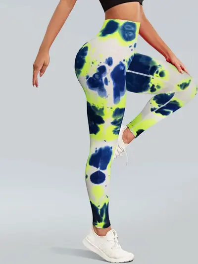 Sports yoga fitness seamless leggings, blue-green tie-dye, high-waist women's
