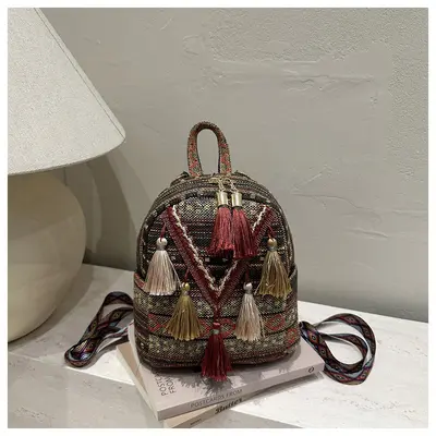 Women's Lightweight Backpack, Ethnic Tassel Design, Small Travel Size - 12