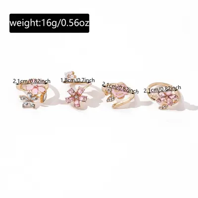 Pink flower ring set, sweet style, cubic zirconia stones