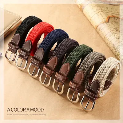 Solid Color Women's Canvas Belt, Thin Elastic Stretch Waistband