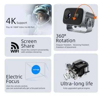 Sınır ötesi yeni elektrikli odak A10 4K yüksek çözünürlüklü WiFi Android akıllı sinema taşınabilir mini PTZ projektör - 6