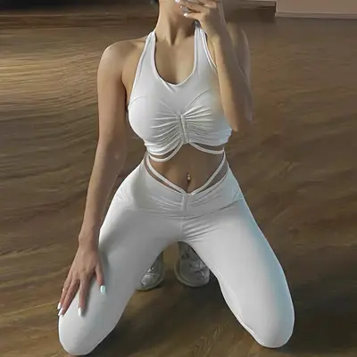 Women's Solid Color High-Waist Yoga Leggings Two-Piece Set with Chest Pads - 5