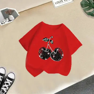 Mädchen-Kurzarm-T-Shirt mit Kirschdruck, Sommer - 12