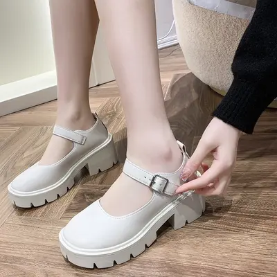 Women's 2022 Spring British College Style Glossy Leather Mary Jane Shoes, Thick Sole