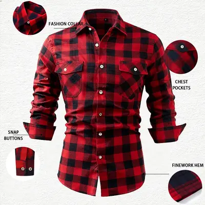 Slim fit kareli flanel erkek gömlek, uzun kollu, çift cepli, fırçalanmış kumaş - 3