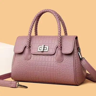 Women's Embossed Leather Shoulder Bag, Woven Cord Detail, Crossbody Strap - 4