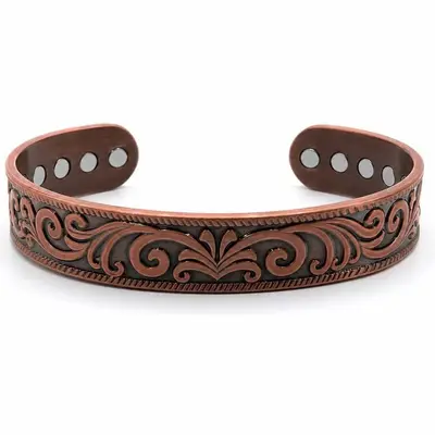 Antique copper bracelet, open design, magnetic adjustable