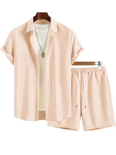 Men's Short-Sleeve Shirt and Shorts Set, Solid Color, Summer - 10
