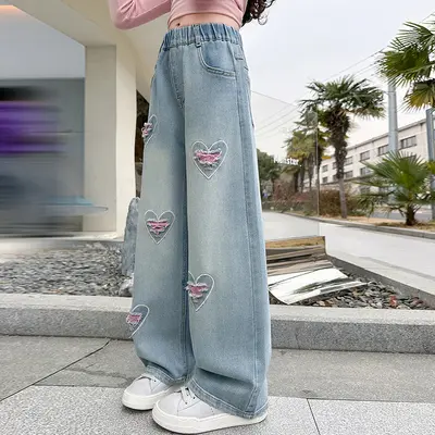 Kız Çocuk Düz Paça Geniş Kot Pantolon, Okul Çağı İçin