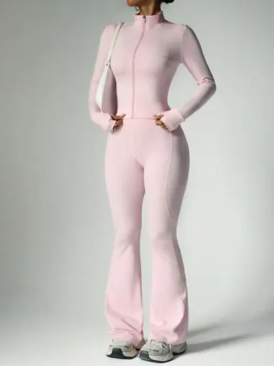 Zipper Long-Sleeve Jacket and Flare Pants Yoga Set, Nude-Feel Fitness Wear - 4