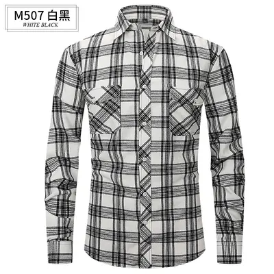 Slim fit kareli flanel erkek gömlek, uzun kollu, çift cepli, fırçalanmış kumaş - 12