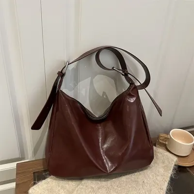 Oily Leather Look Large Capacity Women's Tote Bag with Crossbody Strap - 4