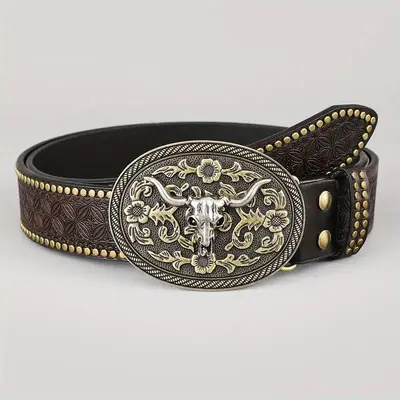 Western cowboy belt, youth punk style embossed men's studded leather belt, wholesale ethnic style belt in stock. - 10