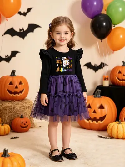 Halloween Girls Dress with Flying Sleeves, Black and Purple Knit Ghost Bat Print
