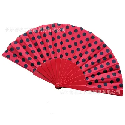 Single-Sided Fabric Polka Dot Folding Dance Fan with Plastic Ribs, White - 11