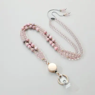 Retractable ID Card Lanyard with Natural Stone Crystal Long Necklace - 7
