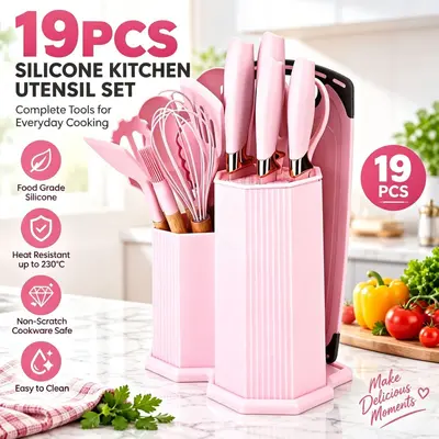 Silicone Kitchen Utensil and Knife Set, 19 Pieces, Heat-Resistant