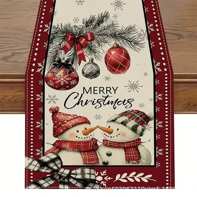 Christmas Table Runner with Winter Snowman and Santa Claus Print - 12