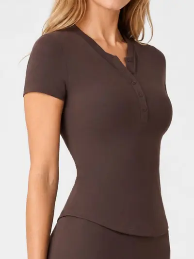 Summer Yoga Henley Shirt, Short Sleeve, Stretch Slim Fit, Running and Training - 3