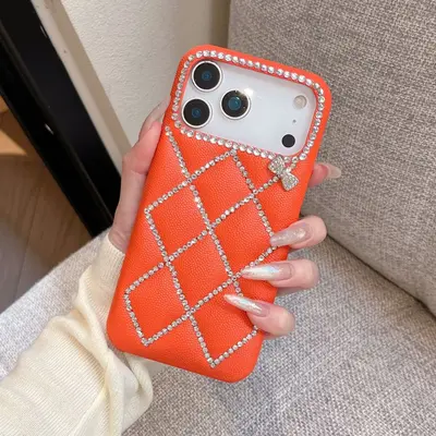 高级感皮纹网格线条钻蝴蝶结手机壳适用iPhone17ProMax防摔保护套 - 4