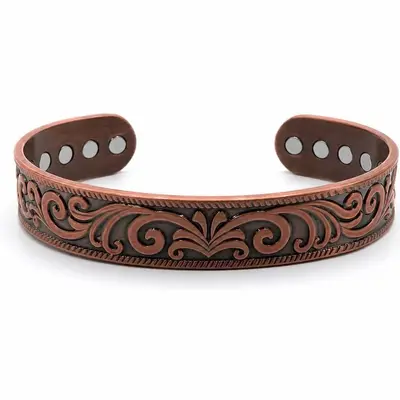 Antique copper bracelet, open design, magnetic adjustable