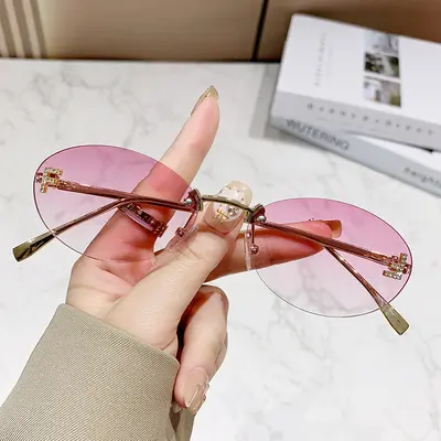 Rhinestone Oval Frameless Sunglasses, Small Frame, UV Protection - 11