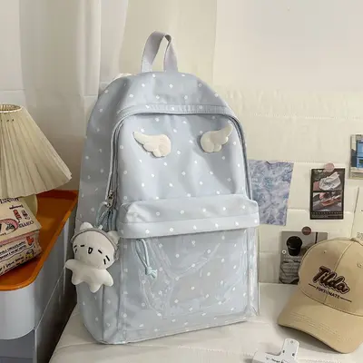 Blue Polka Dot Retro Backpack, Small Capacity, Japanese Style - 6
