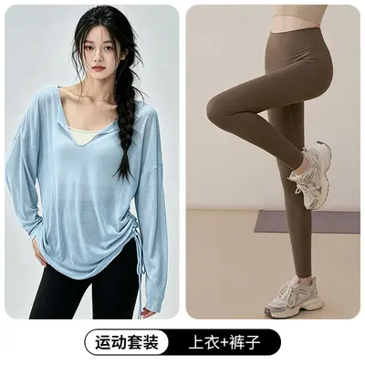宽松瑜伽服罩衫女V领慵懒风侧边抽绳跑步运动长袖健身服套装上衣 - 13