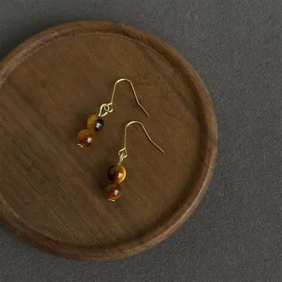 Kaplan gözü taşı küpe, vintage, el yapımı, fransız tarzı - 13