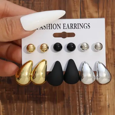 6er Set modische europäische und amerikanische Ohrstecker Ohrringe in Gold, Silber und Schwarz mit runden Perlen Harz Wassertropfen schlicht elegant Perlmutt Perlen - 12
