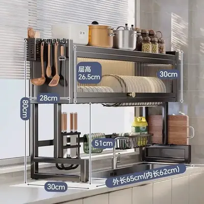 Mutfak lavabo depolama rafı tezgah üstü bulaşık toz geçirmez kurutma rafı çok fonksiyonlu lavabo basit dolap depolama düzenleyici. - 7