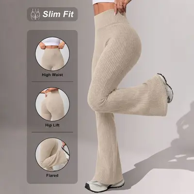 Women's Yoga Leggings Ribbed, High Waist, Tummy Control, Autumn-Winter - 12