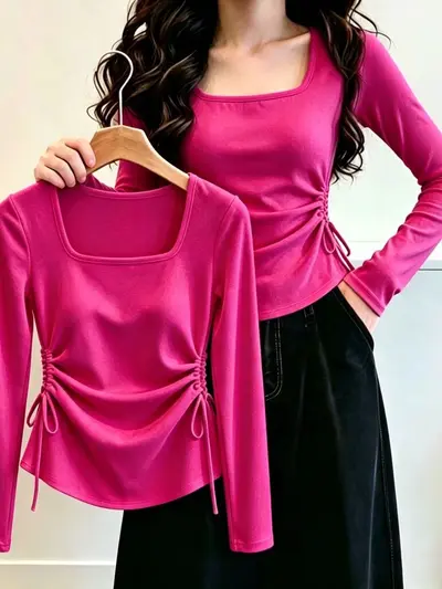 Slimming Square Neck Long Sleeve T-Shirt for Women, 2026 Autumn New Arrival, Irregular Pleated Drawstring Top, Dropshipping Available