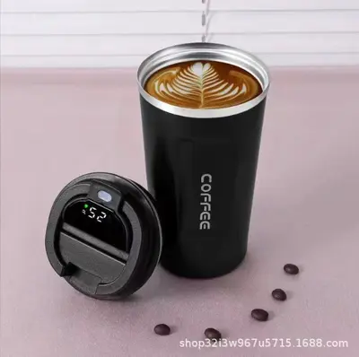 Cross-border stainless steel thermos cup, double-wall vacuum flip-top coffee mug, smart temperature indicator, high-end dual-car water cup - 12