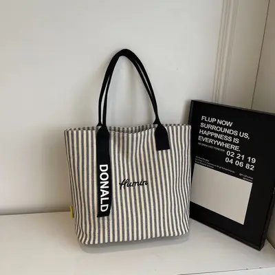 Women's 2025 Large Canvas Tote Bag, Striped Single-Shoulder Bag - 6