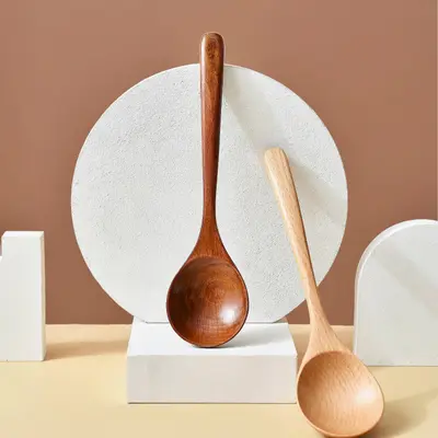Japanese-Style Nanmu Wood Long-Handle Spoon for Rice and Dessert