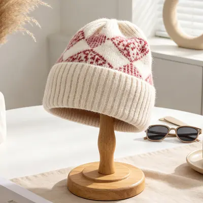 Korean-Style Diamond Jacquard Winter Knit Hat with Ear Protection - 11