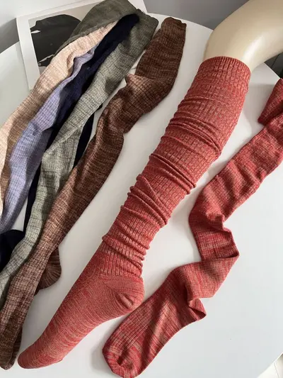 Retro Gri Yeşil Diz Üstü Çorap, Kadın İnce Bahar Sonbahar Modeli, Mor Çizgili - 10