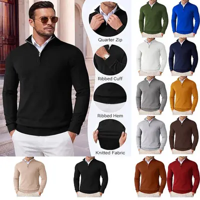 Erkek yarım fermuarlı örgü kazak, slim fit, ince astarlık
