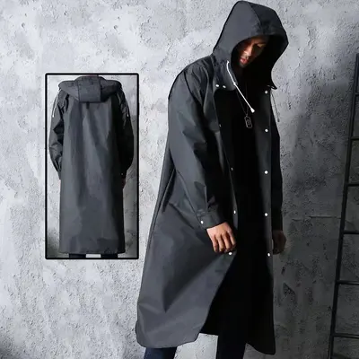 Black Adult EVA Raincoat, Hooded, Windproof, Long Style