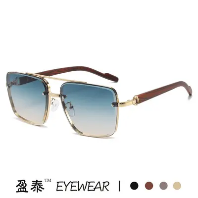 Square metal double-bridge sunglasses with wood-grain temples - 2