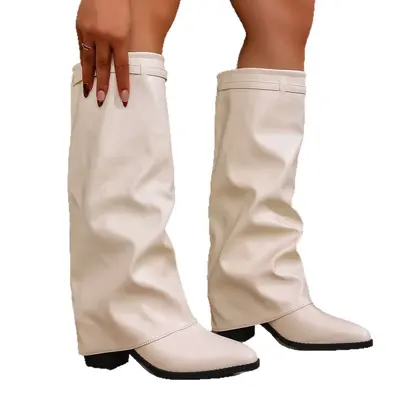 Damen-Modestiefel mit plissiertem Schaft, Blockabsatz, Große Größen - 6