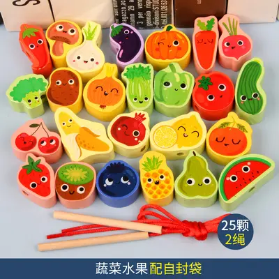 Children's Wooden Animal and Fruit Large Bead Stringing Set - 13