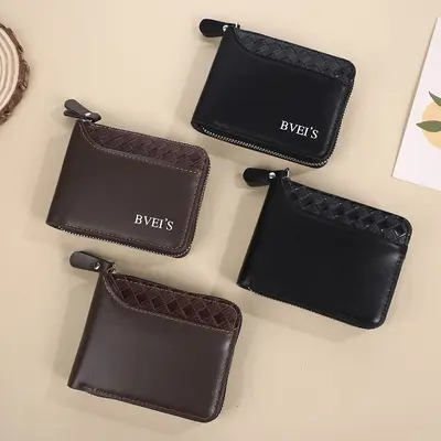 Men's Zipper Wallet with Woven Patchwork and Coin Compartment - 3