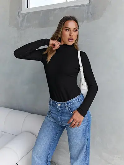 Amazon Yüksek Yaka Uzun Kollu Astarlı Kadın T-Shirt Düz Renk Slim Fit