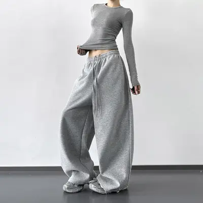Damen-Jogginghose in Grau, hohe Taille, weites Bein, Herbst 2025 - 7