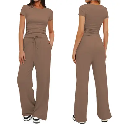 Women's Long Sleeve Set with High-Waist Wide-Leg Pants