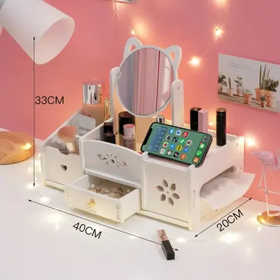 Desktop makeup mirror with cosmetics storage box and drawers - 11