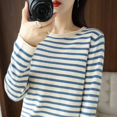 Damen-Strickpullover, 100% Baumwolle, Kontraststreifen, Rundhals